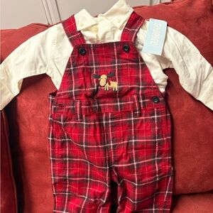 Gymboree Red Plaid Overalls with Moose